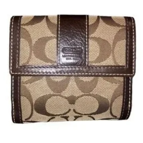 Vintage Brown Signature monogram Coach Fabric Leather Trim Trifold Wallet - Picture 1 of 9